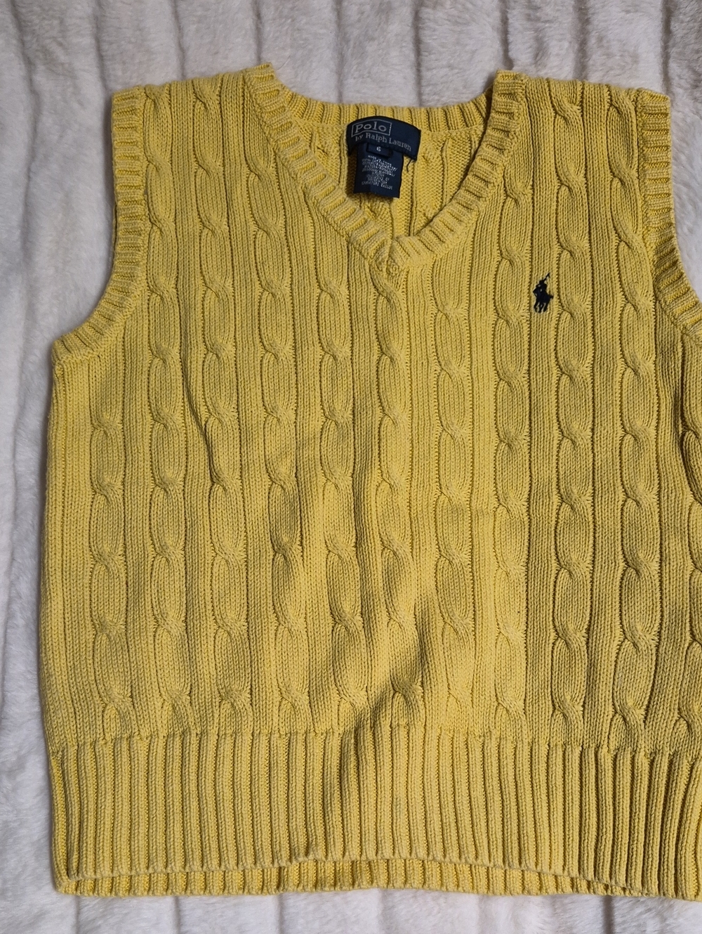 Polo by Ralph Lauren Yellow Cable-Knit V-Neck Sweater Vest with Navy Pony